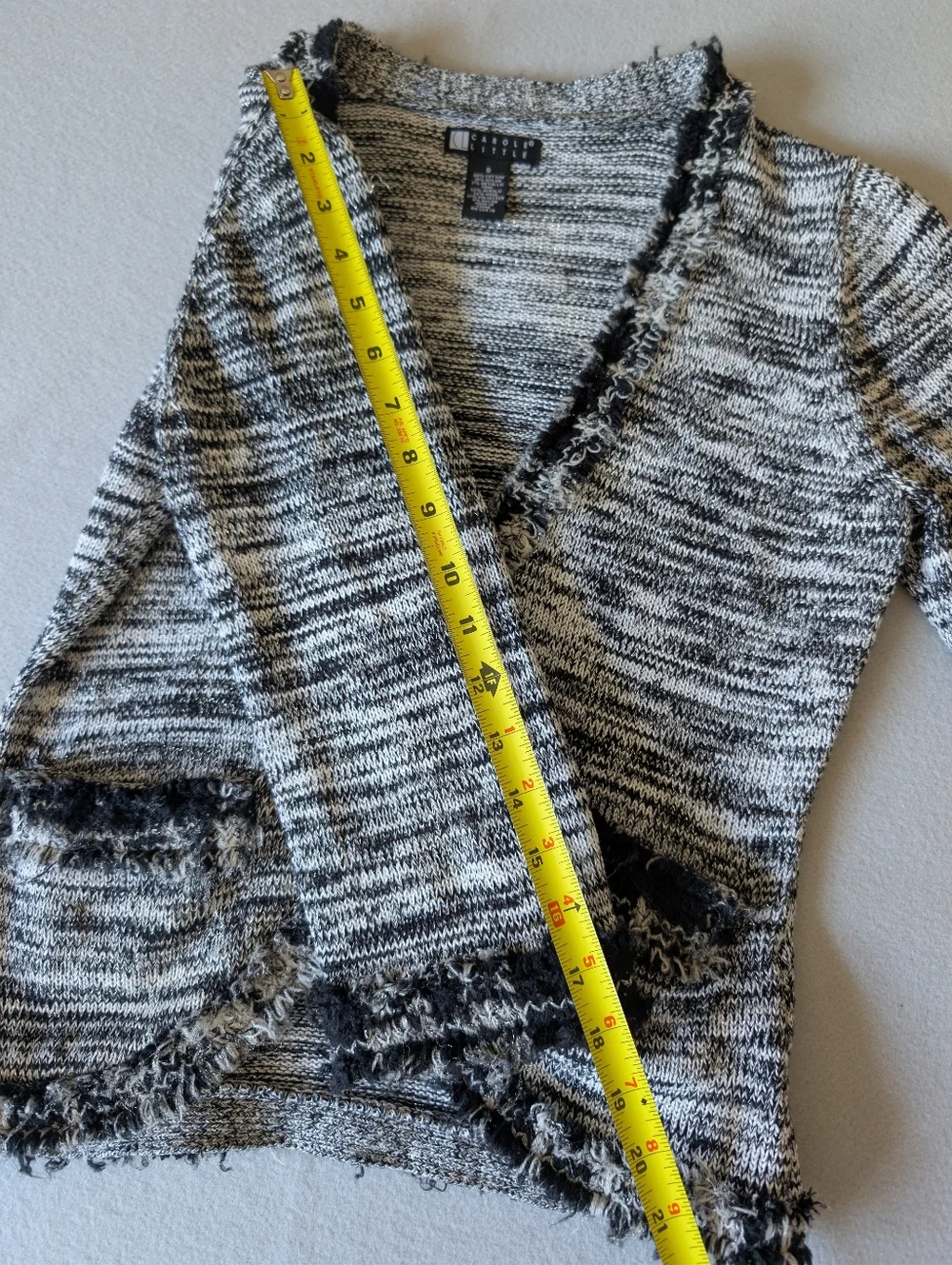 Tweed Knit Cardigan Jacket Black Cream Frayed Trim Chanel Style Sz Small Classic